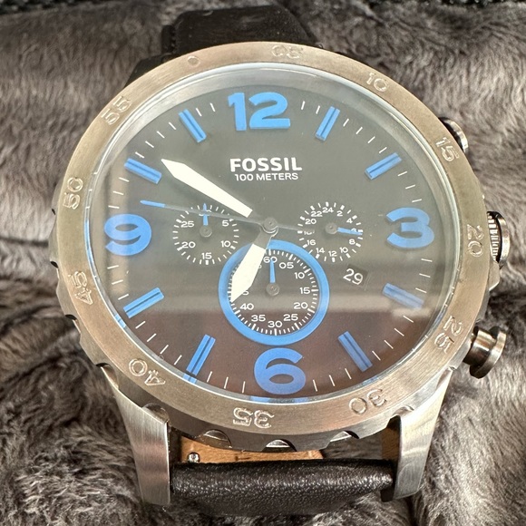 Fossil Men’s Watch stainless, blue dials, leather band. Rock & Roll chunky - Picture 7 of 9
